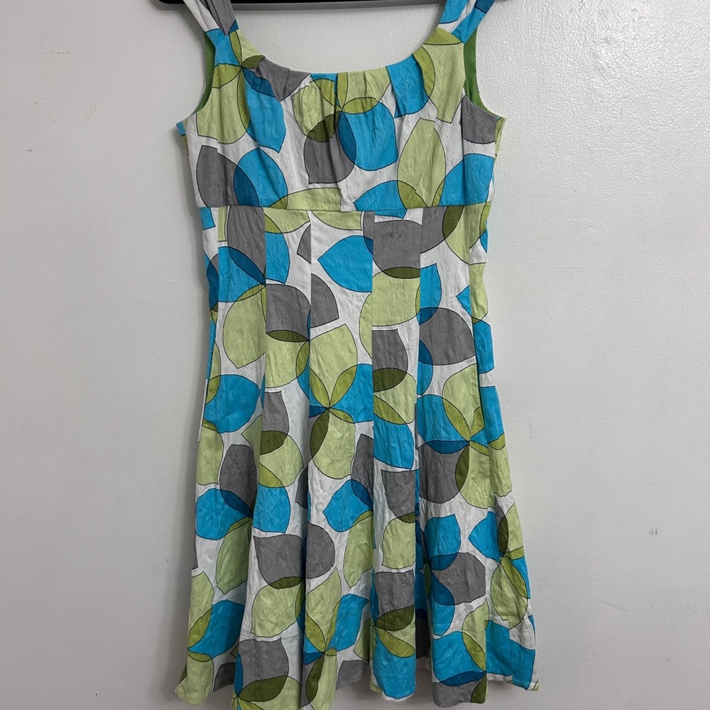 Sleeveless Summer Dress, Blue, Lime & Gray Circle Print